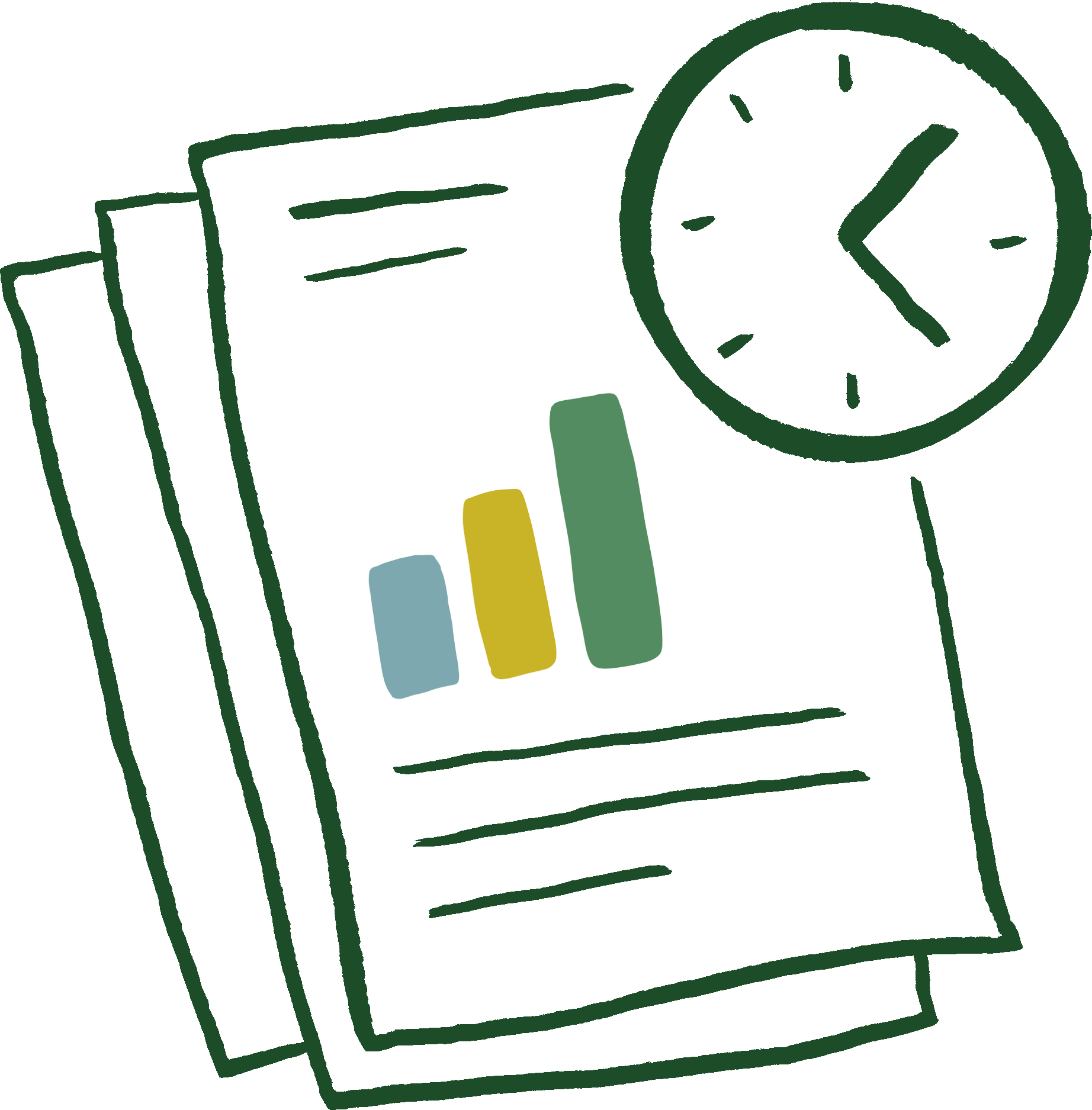Reports and a clock representing time-consuming reporting